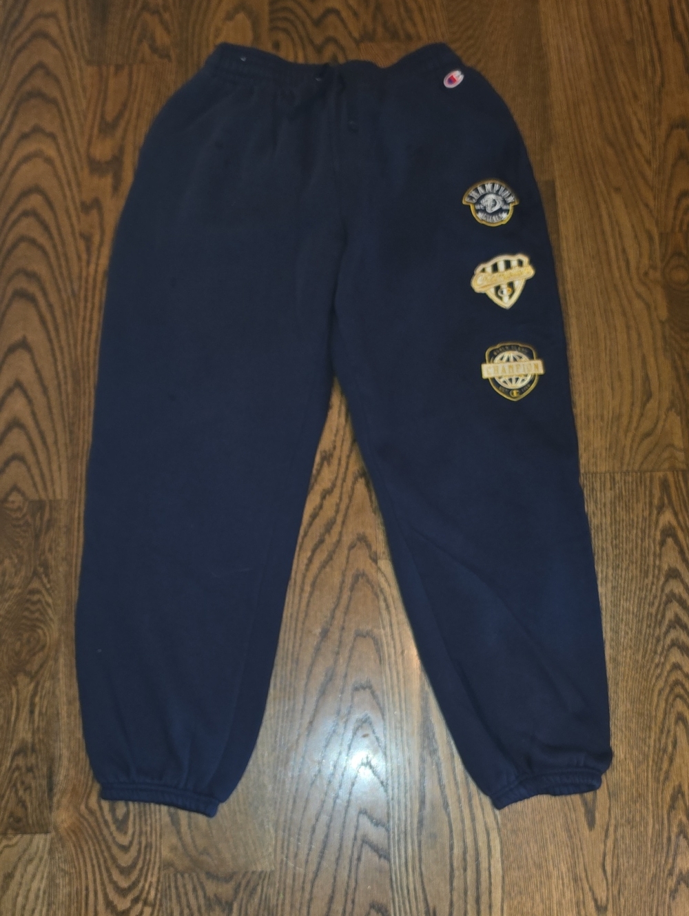 Champion Navy Blue Sweats With Patches Collegiate Style Size Small EUC